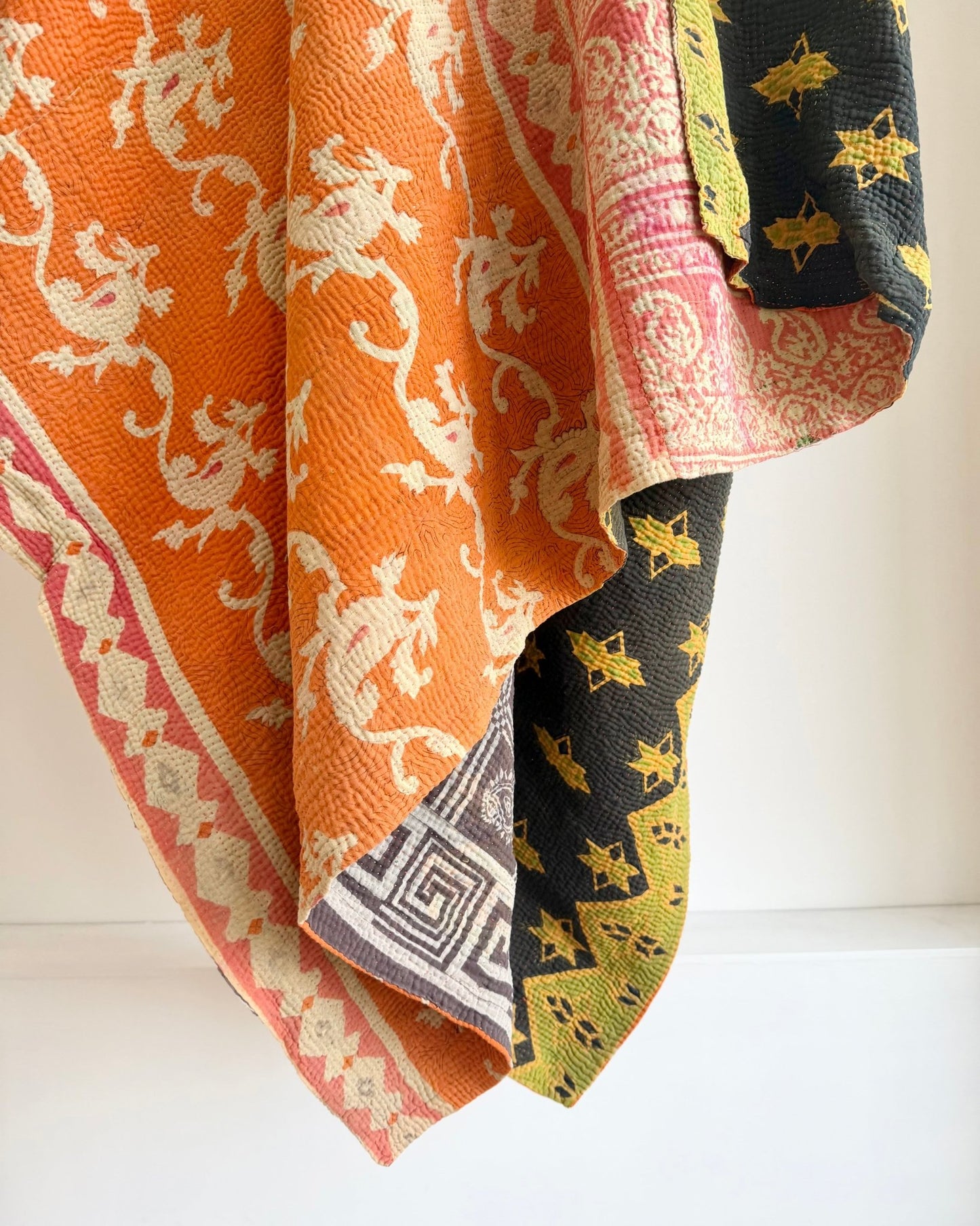 Large Fine Stitched Vintage Kantha Quilt In Orange, Black and Green - Biggs & Hill