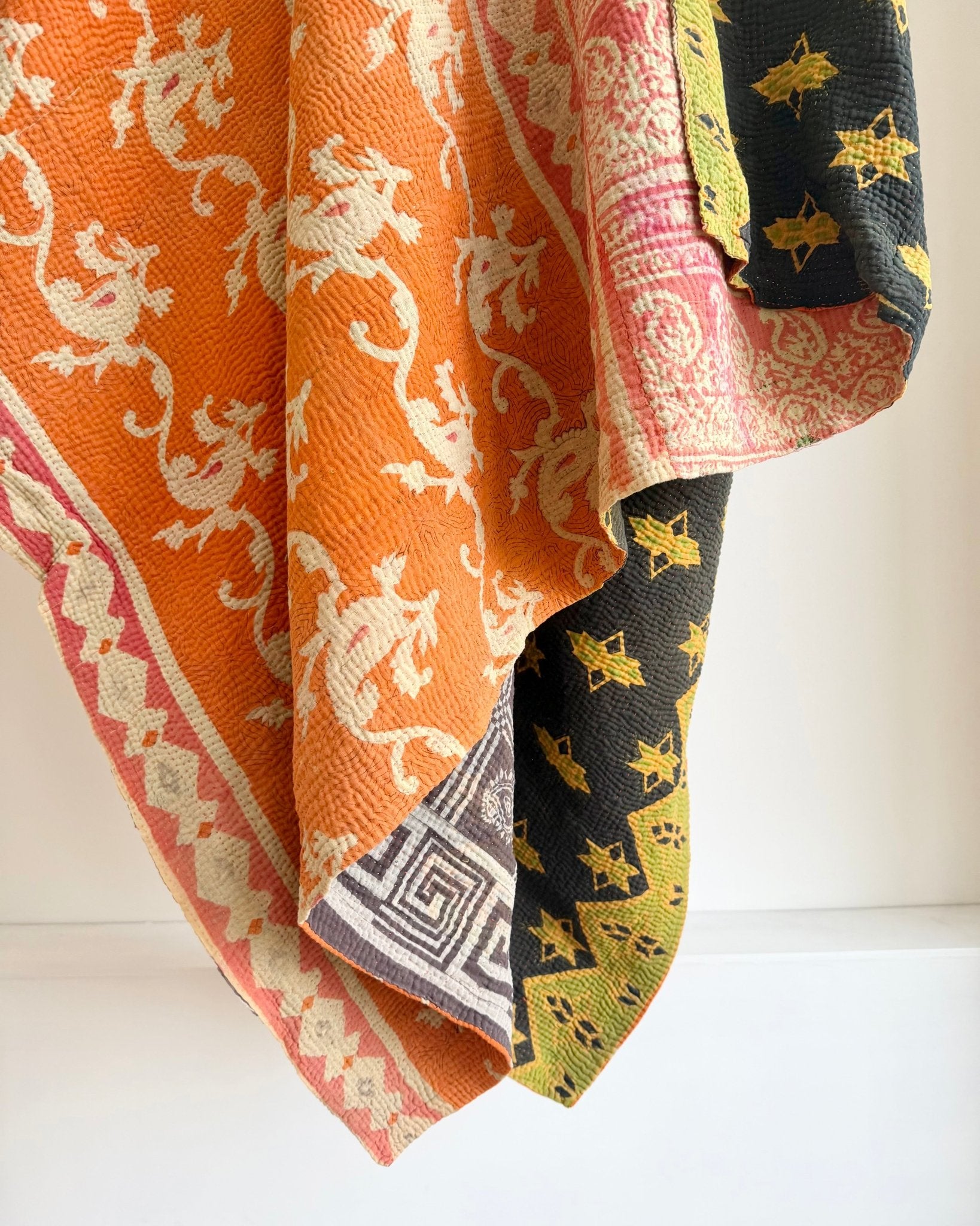 Large Fine Stitched Vintage Kantha Quilt In Orange, Black and Green - Biggs & Hill