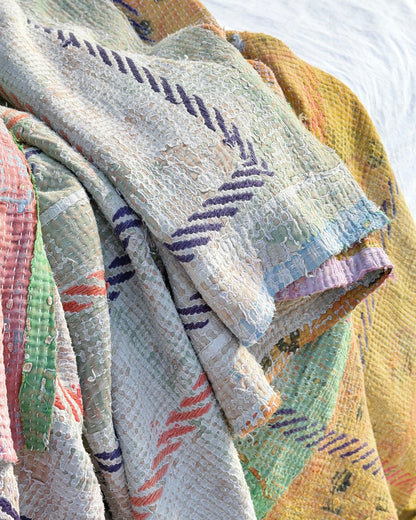Large Embroidered Vintage Kantha Quilt in Yellow and Light Green - Biggs & Hill