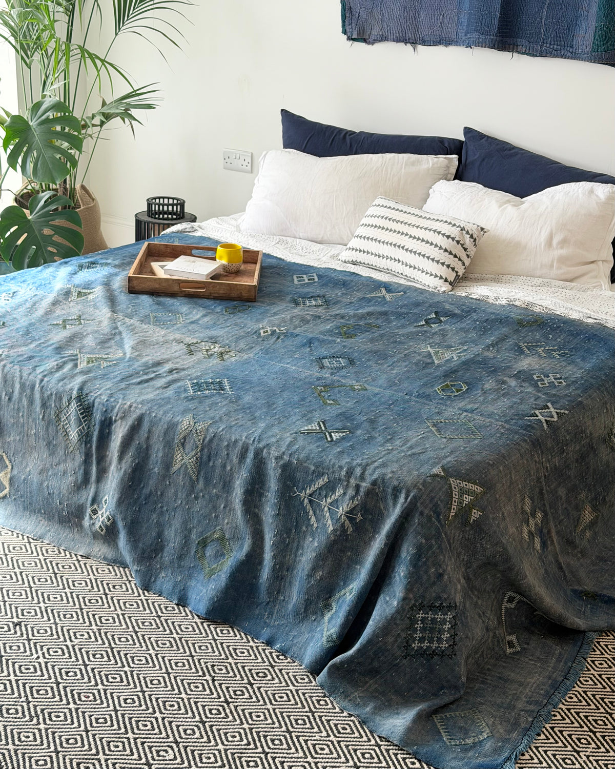 Enormous Hand Woven Moroccan Bedcover Made  Indigo “Sabra Silk”