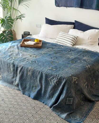 Enormous Hand Woven Moroccan Bedcover Made  Indigo “Sabra Silk”