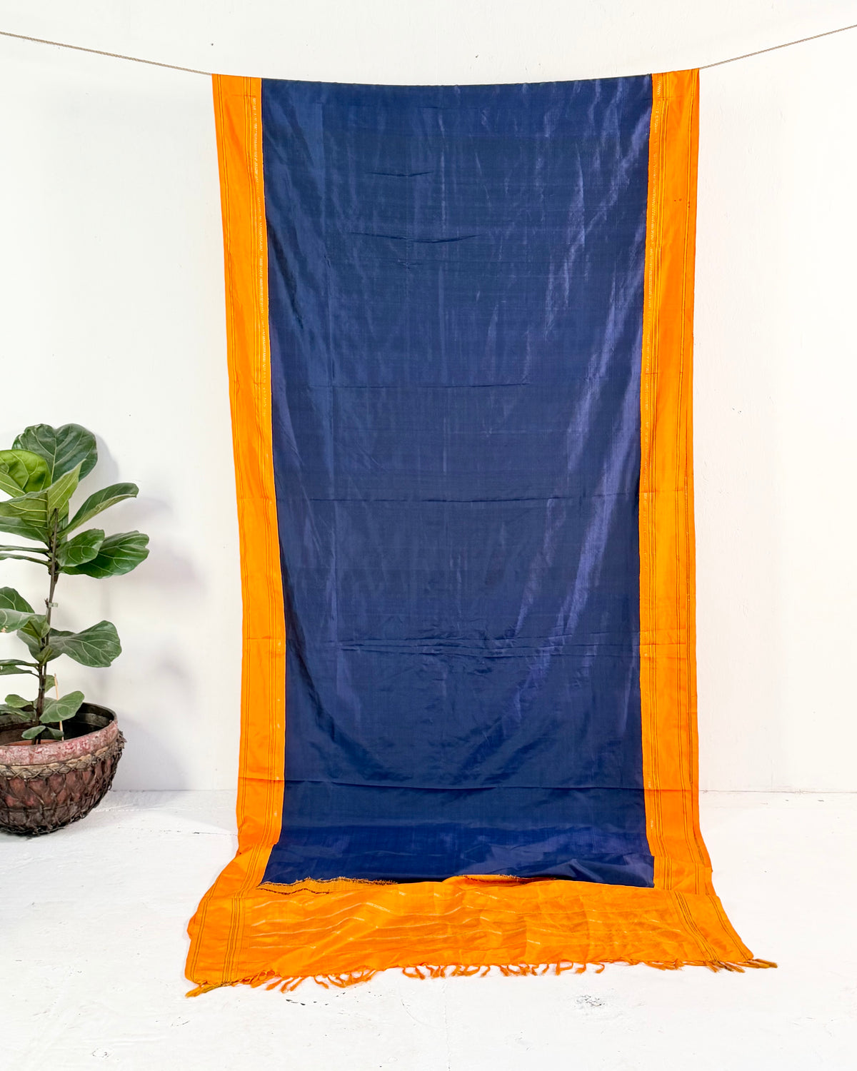 Preloved Silk Sari Length In Deep Blue and Orange 03