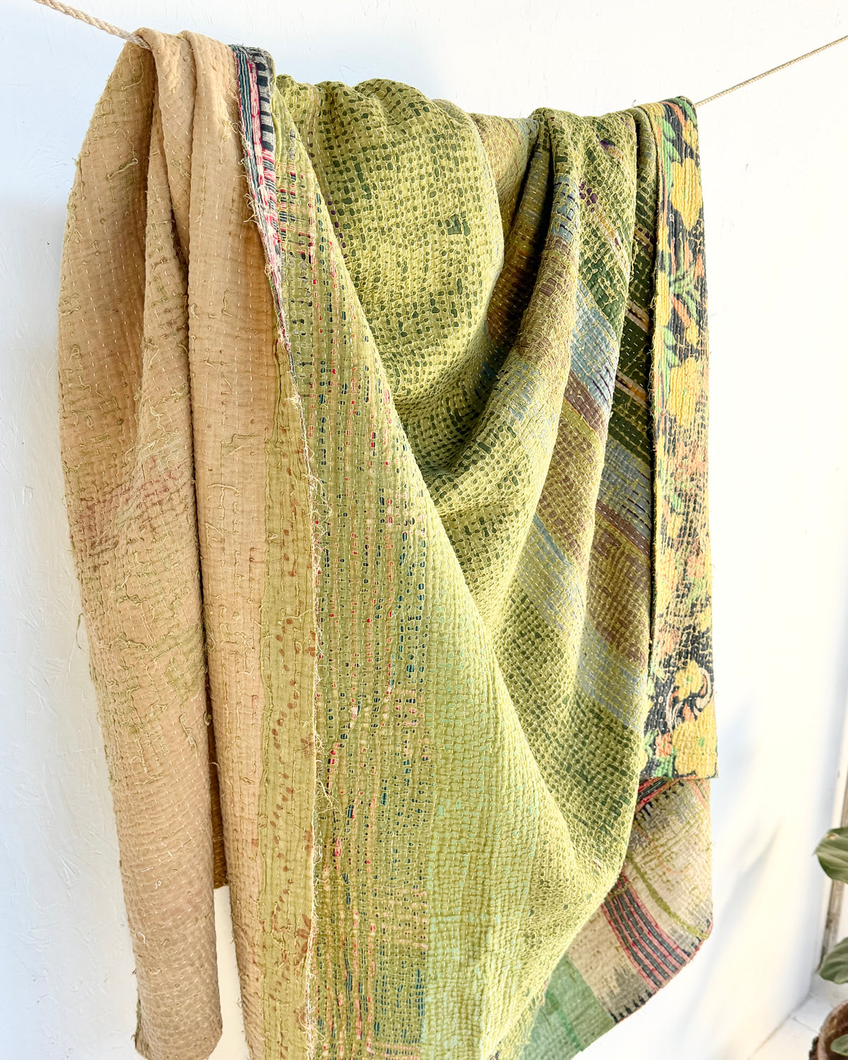 Large Textured Vintage Kantha Quilt In Green and Orange