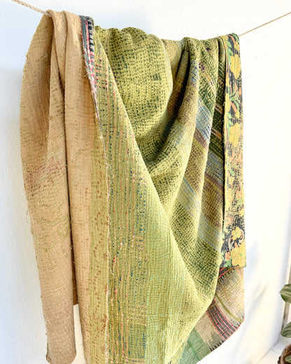 Large Textured Vintage Kantha Quilt In Green and Orange