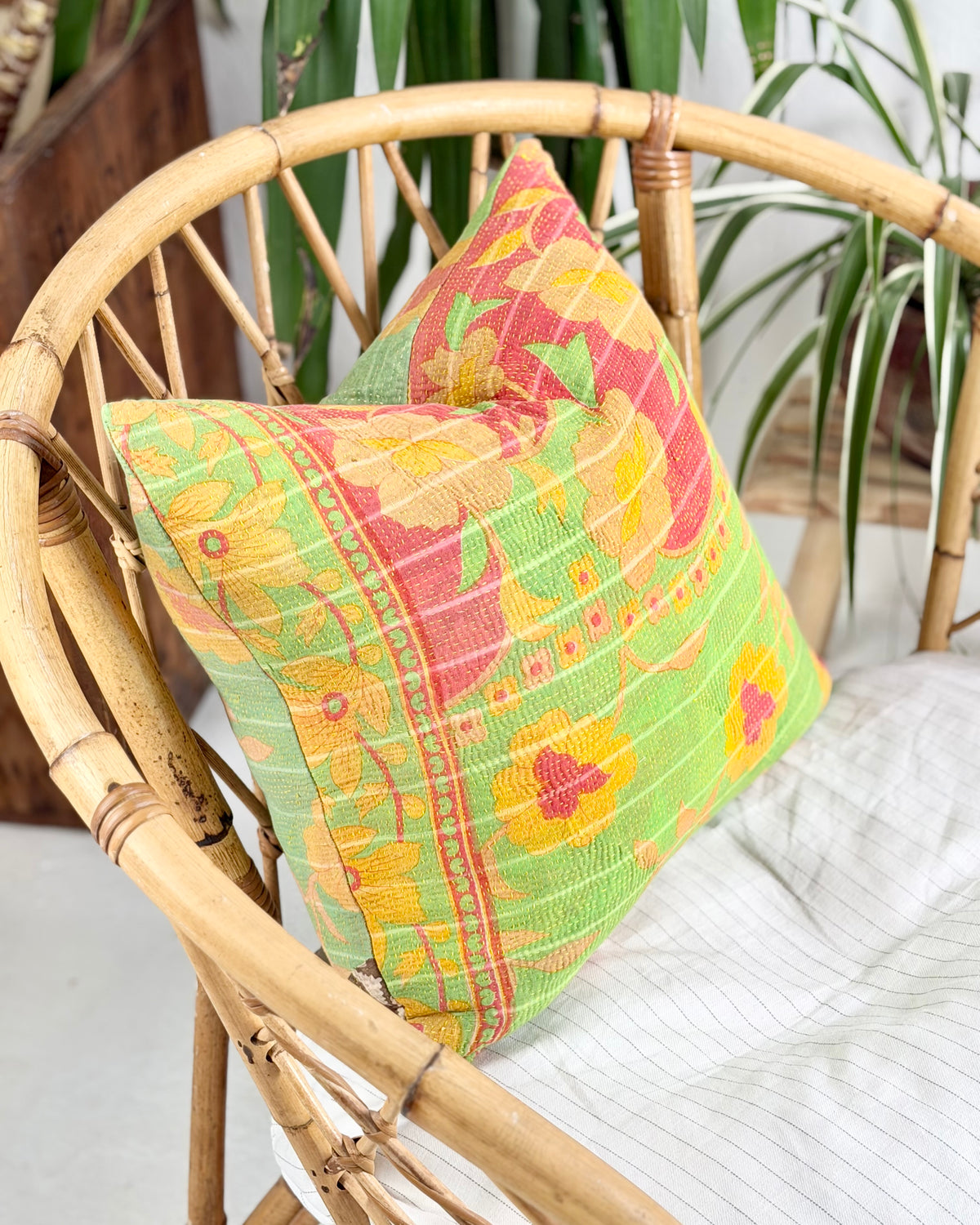 Handmade Vintage Kantha Cushion Cover In Green and Yellow - 45cm (18") Square
