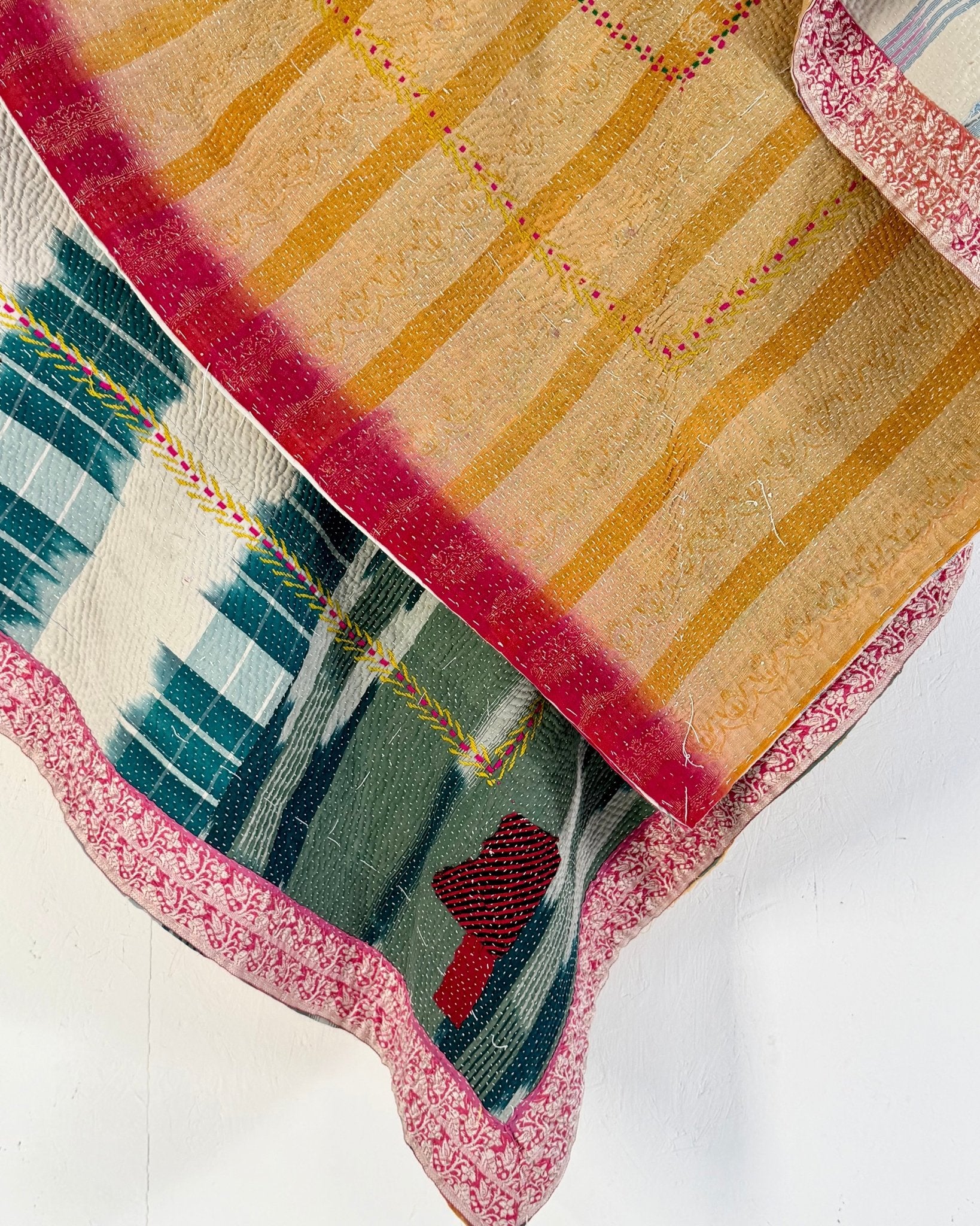 Heavy Fine Stitched Embroidered Vintage Kantha Quilt in Yellow, Pink and Blue - Biggs & Hill