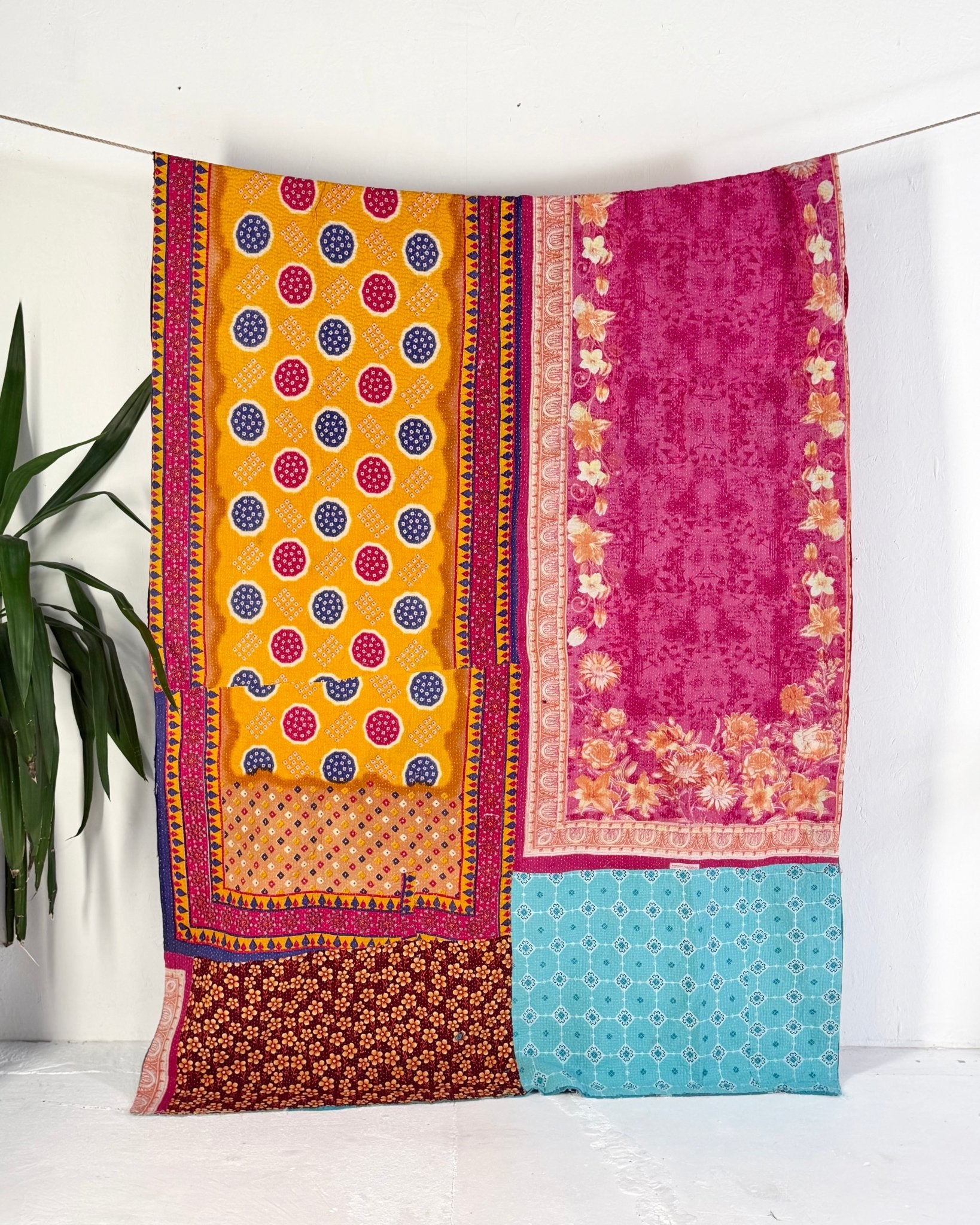 Large Fine Stitched Vintage Kantha Quilt in Pink, Turquoise and Yellow - Biggs & Hill