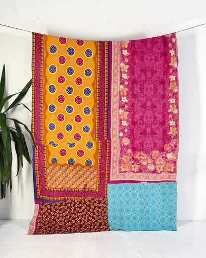 Large Fine Stitched Vintage Kantha Quilt in Pink, Turquoise and Yellow - Biggs & Hill