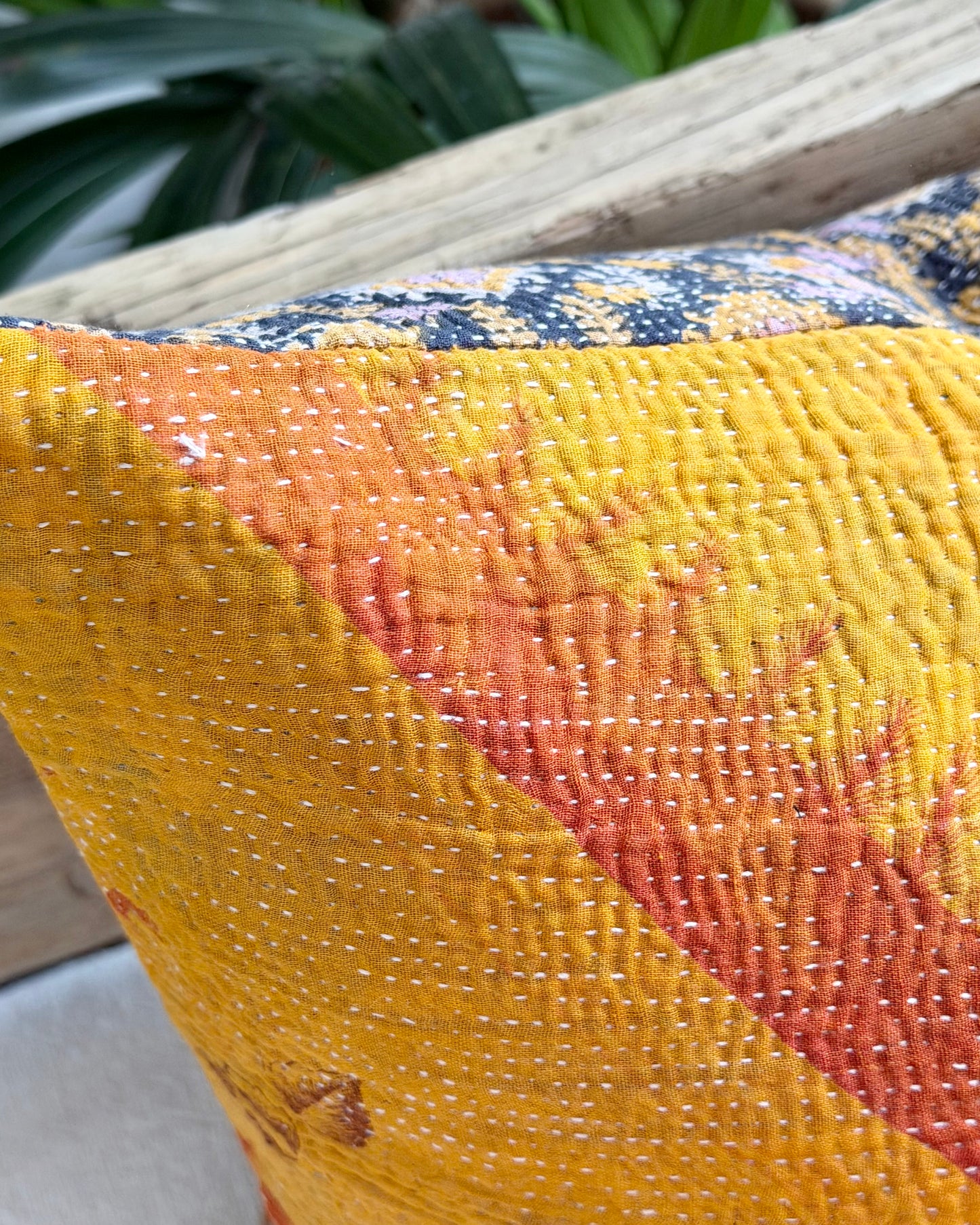 Vintage Kantha Cushion In Yellow and Blue - 45cm Square