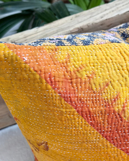 Vintage Kantha Cushion In Yellow and Blue - 45cm Square