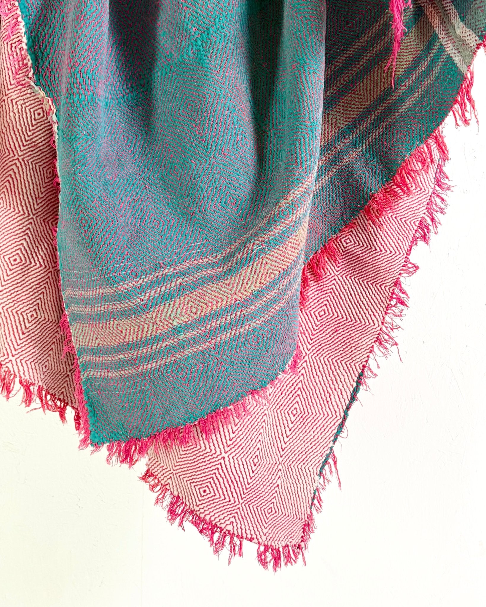 Large Heavy Kantha Blanket Quilt With Lik Phul Stitching In Forest Green and Pink - Biggs & Hill