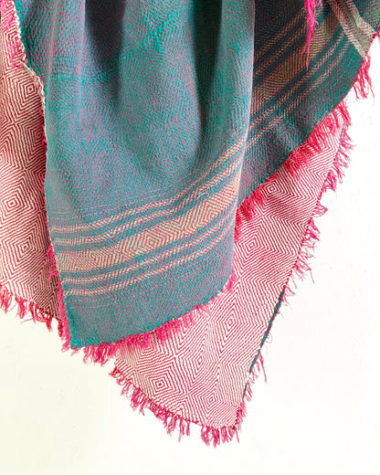 Large Heavy Kantha Blanket Quilt With Lik Phul Stitching In Forest Green and Pink - Biggs & Hill