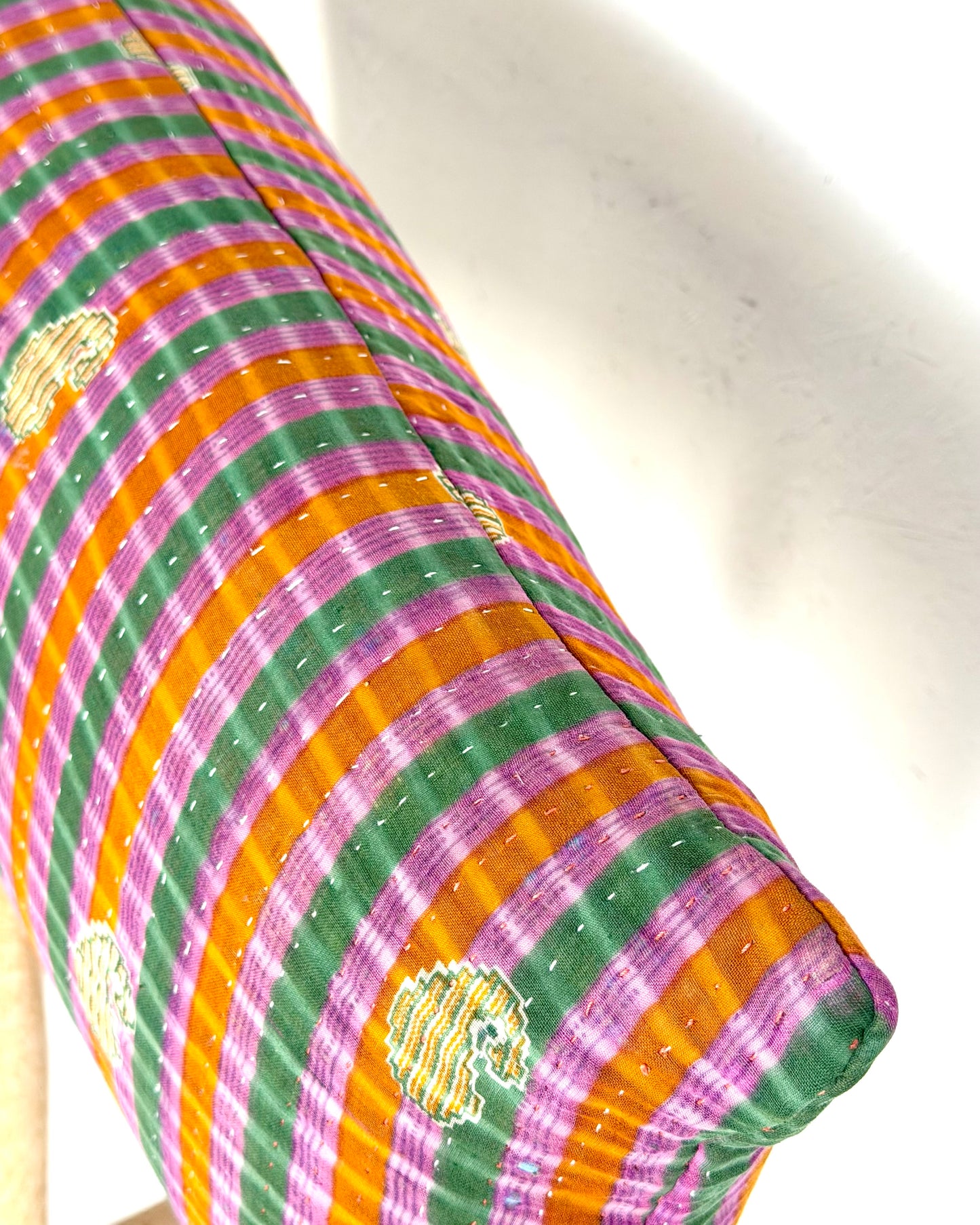 Vintage Kantha Bolster Cushion Cover In Green and Purple 30 x 100cm