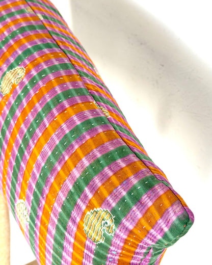Vintage Kantha Bolster Cushion Cover In Green and Purple 30 x 100cm