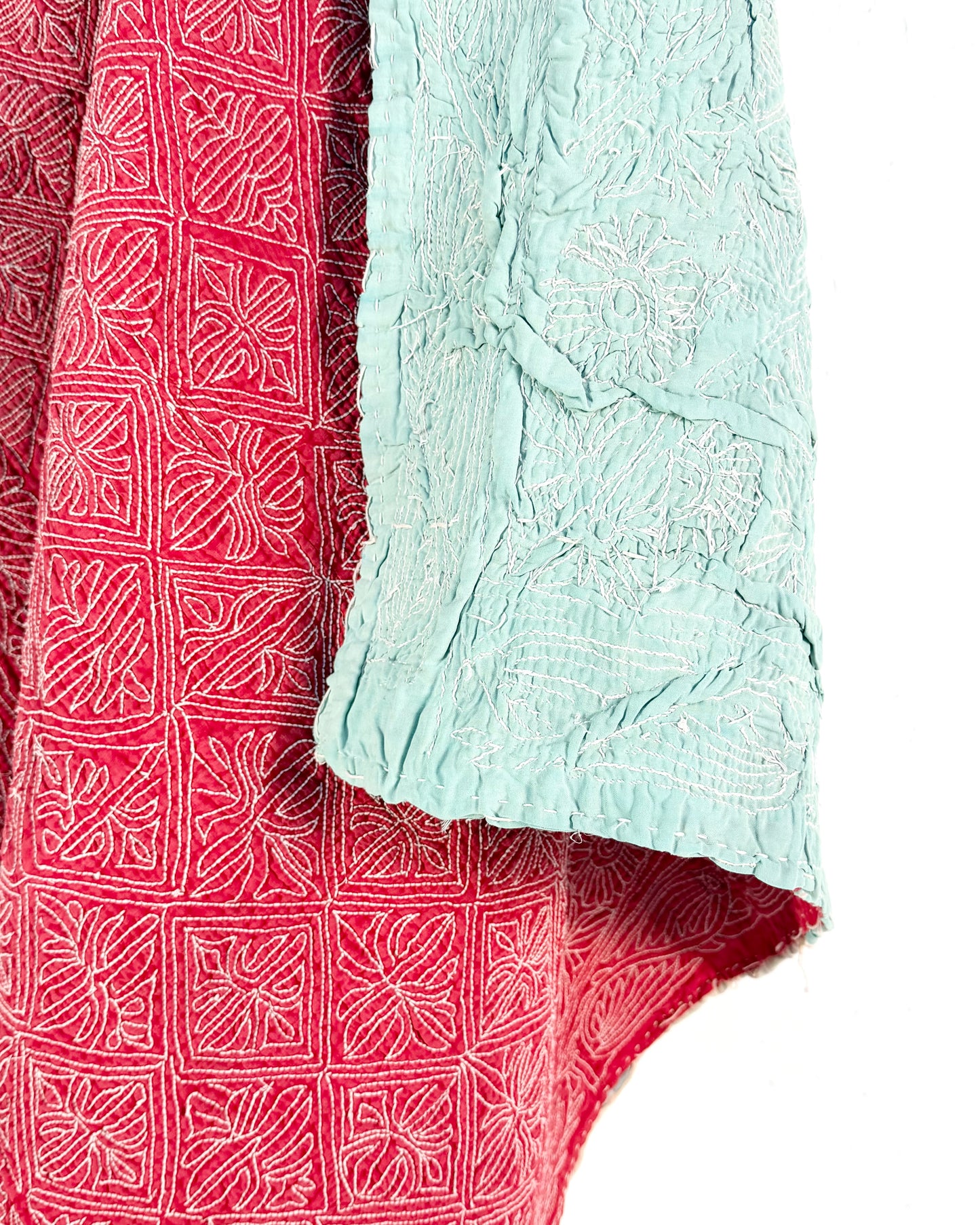 Embroidered Sujini Vintage Kantha Quilt In Red With White Embroidery
