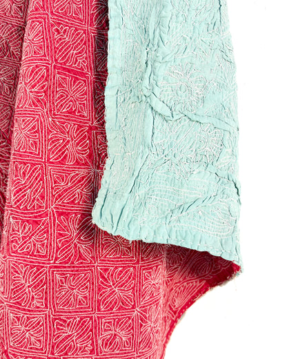Embroidered Sujini Vintage Kantha Quilt In Red With White Embroidery