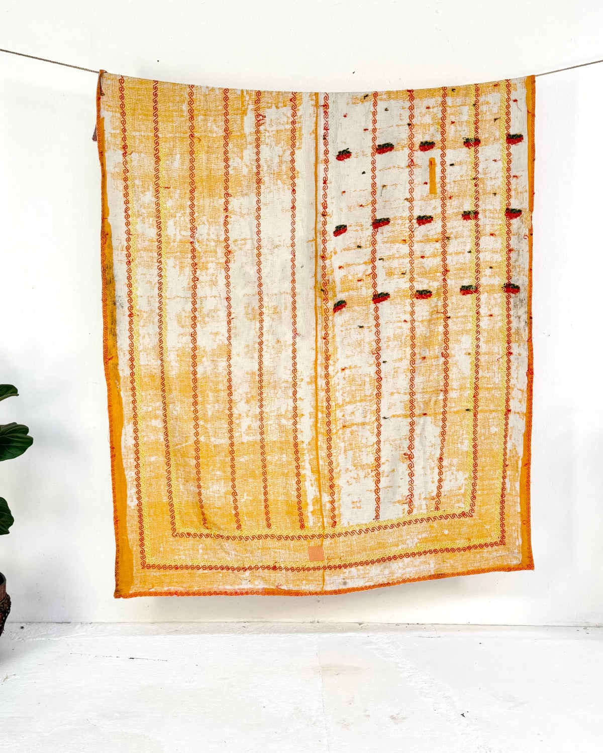 Embroidered Vintage Kantha Quilt in Yellow and Pink - Biggs & Hill