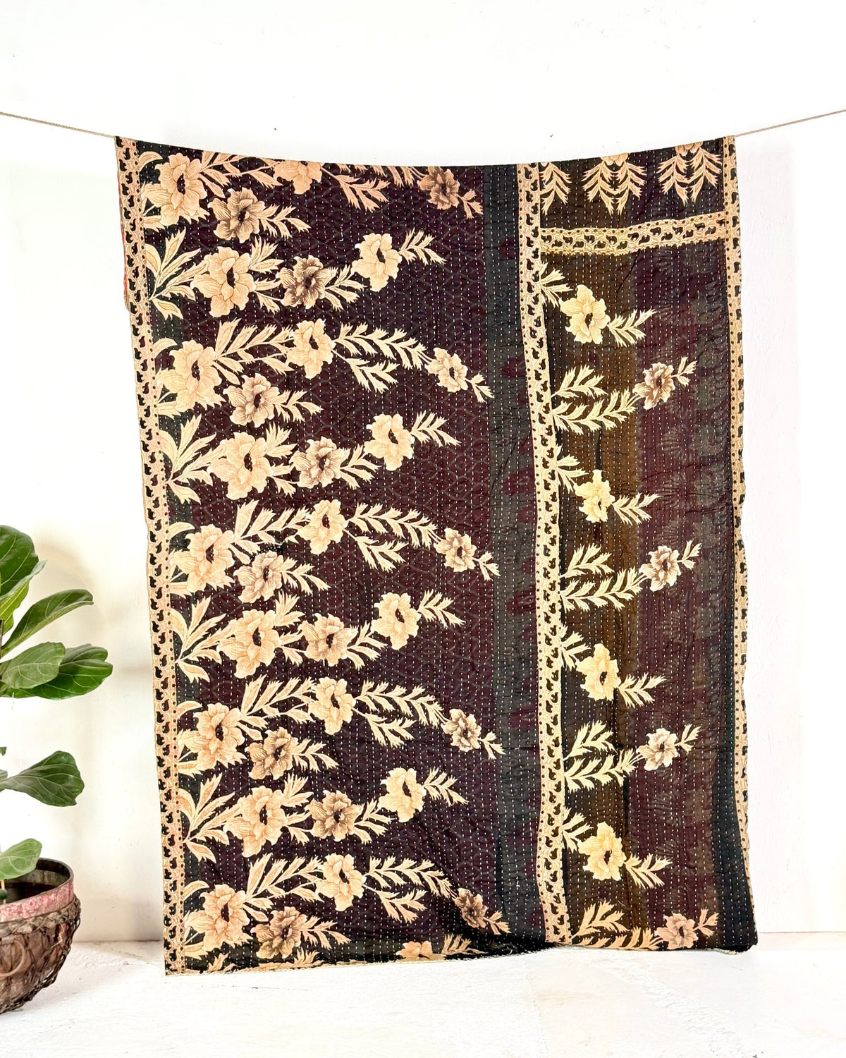 Vintage Cotton Kantha Quilt In Yellow and Black 11 - Biggs & Hill