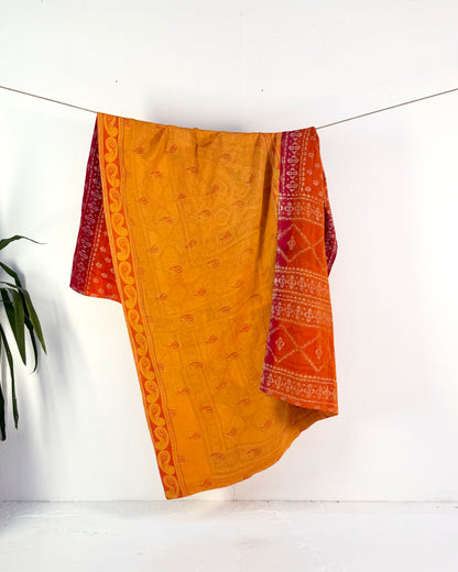 Extra Large Fine Stitched Vintage Kantha Quilt in Yellow and Orange