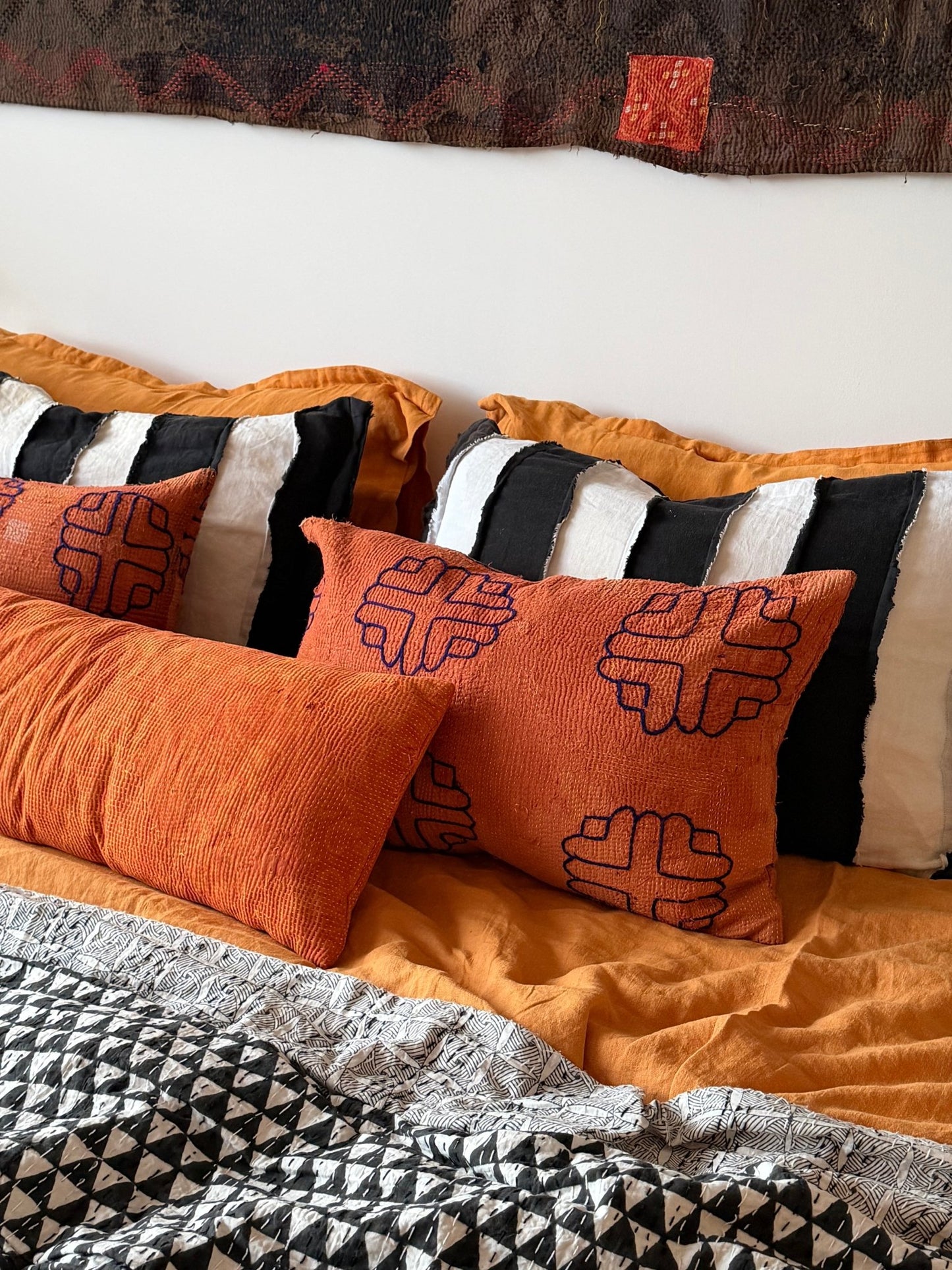 Vintage Kantha Cushion In Terracotta 03 - Large Rectangular - Biggs & Hill