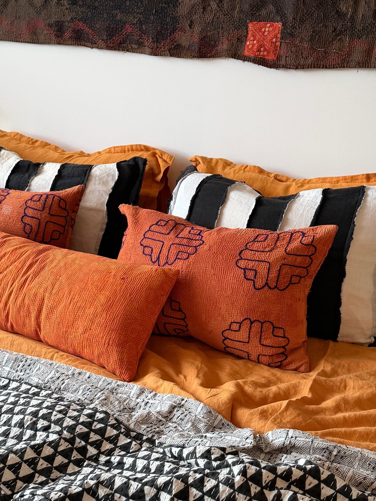 Vintage Kantha Cushion In Terracotta 03 - Large Rectangular - Biggs & Hill