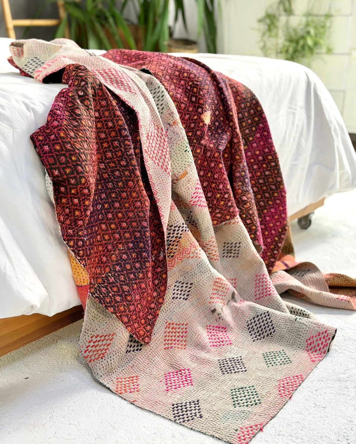Embroidered Vintage Kantha Quilt in Pink and White - Biggs & Hill