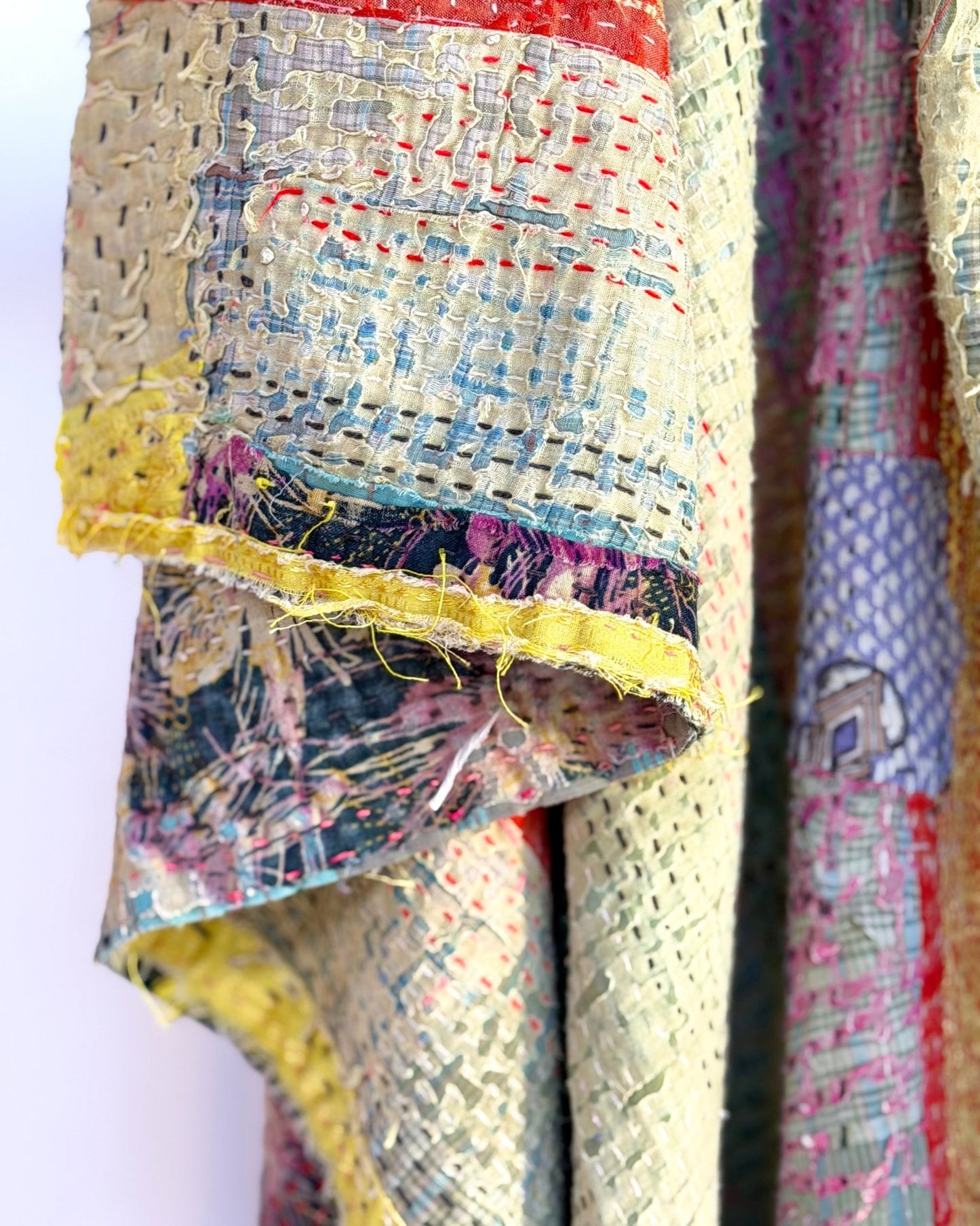 Textured Vintage Kantha Quilt In Green and Gold - Biggs & Hill