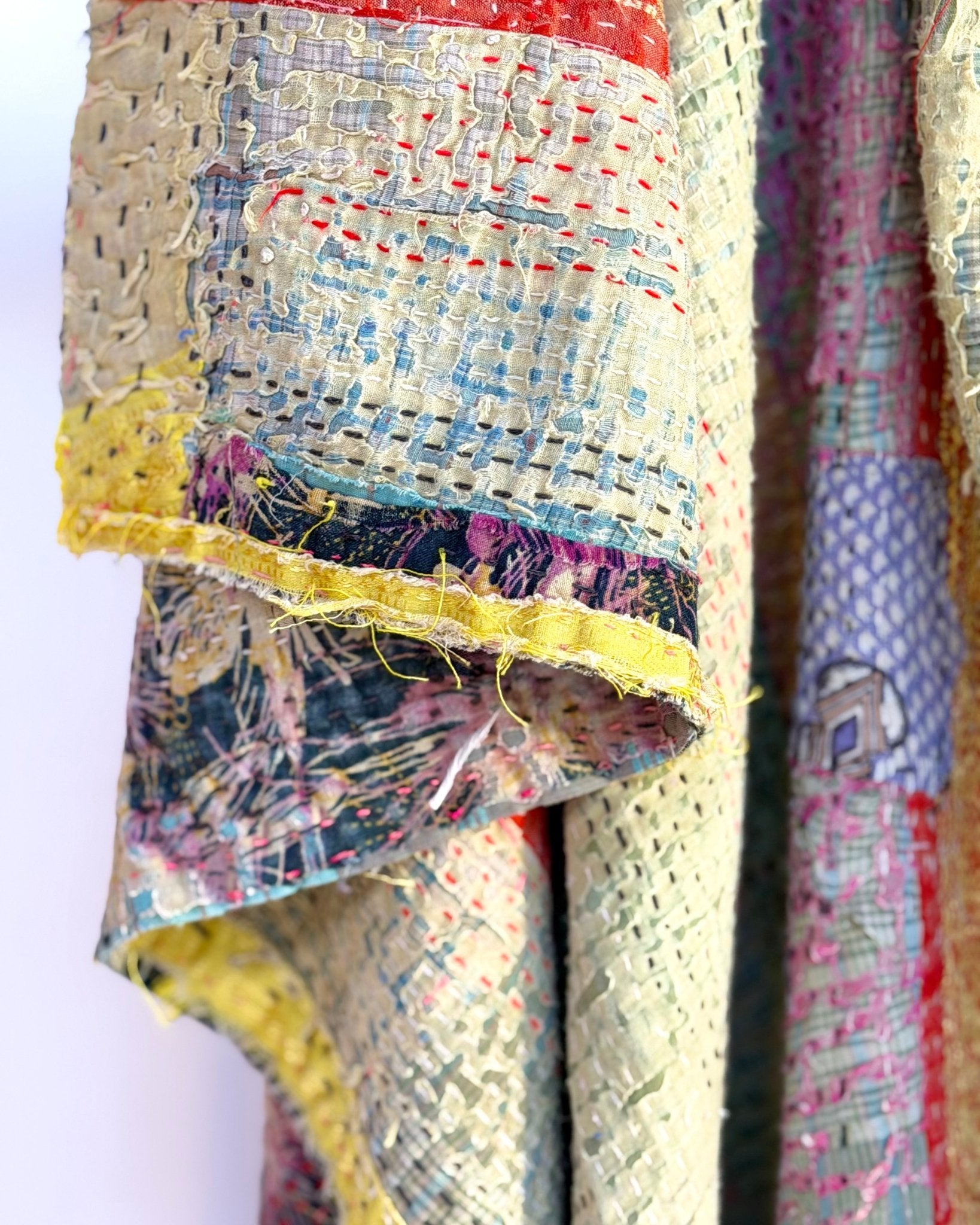 Textured Vintage Kantha Quilt In Green and Gold - Biggs & Hill
