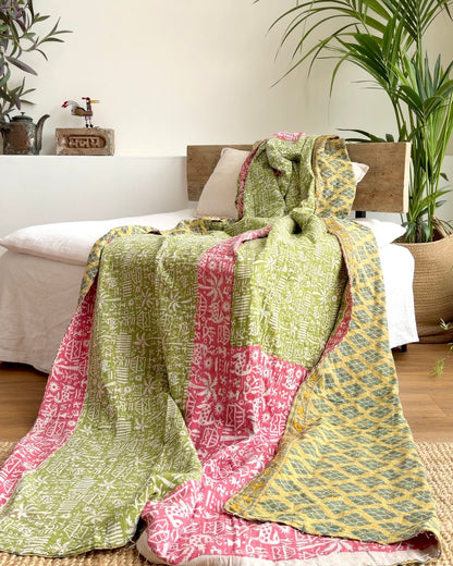 Vintage Cotton Kantha Quilt In Green and Pink #45