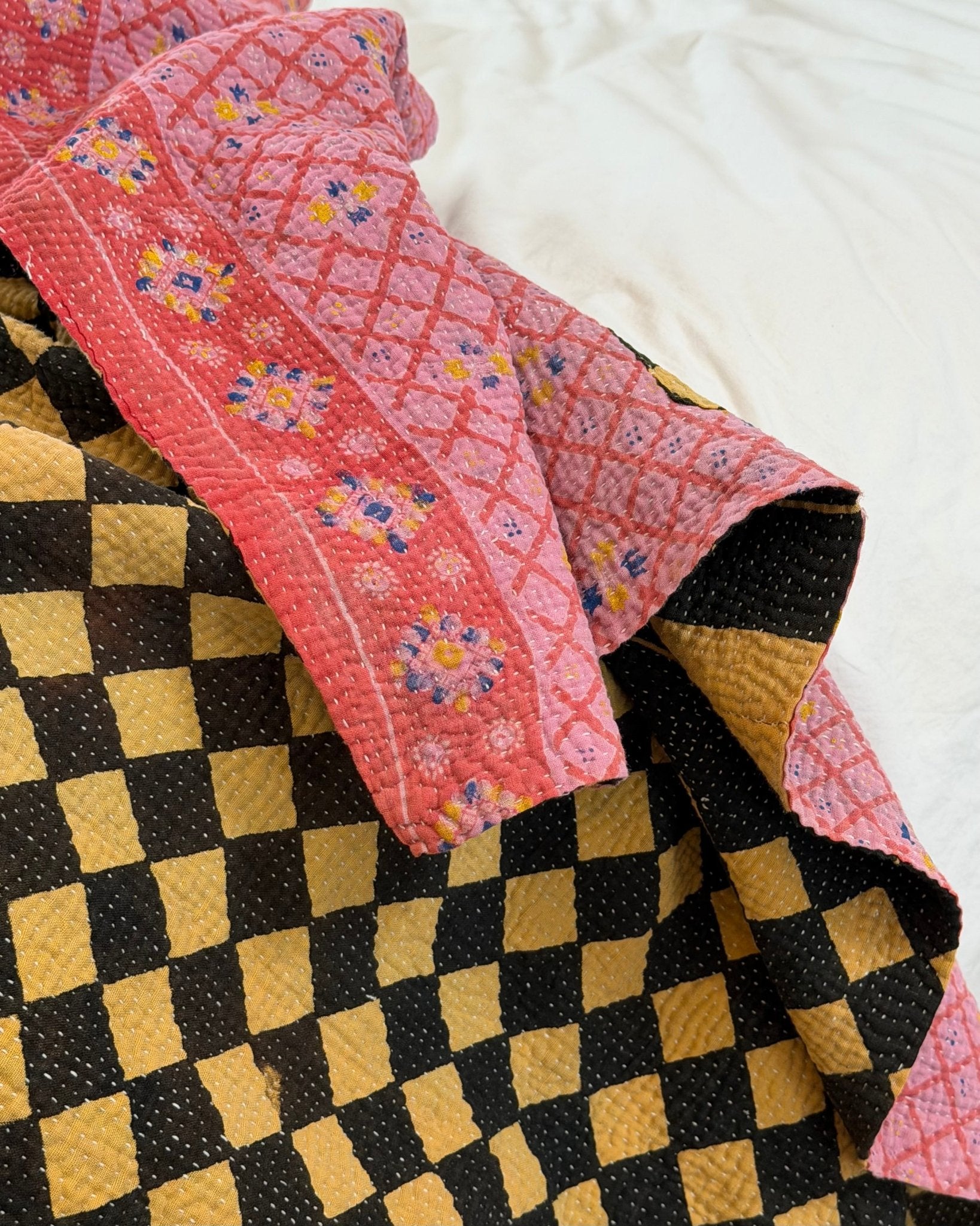 Large Fine Stitched Vintage Kantha Quilt in Chequered Yellow and Black and Pink - Biggs & Hill