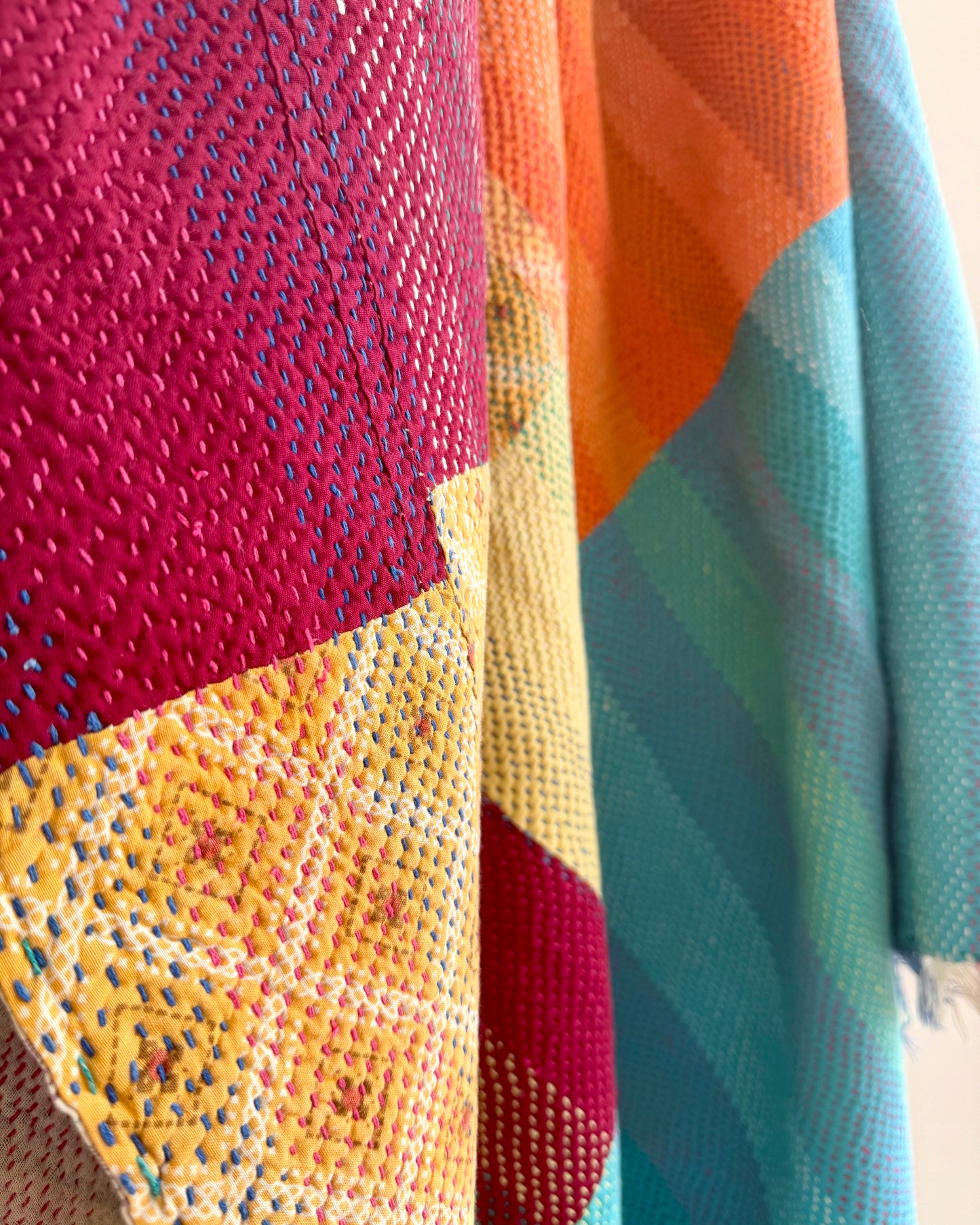 Large Heavy Kantha Blanket Quilt in Pink, Orange and Blue Colour Block