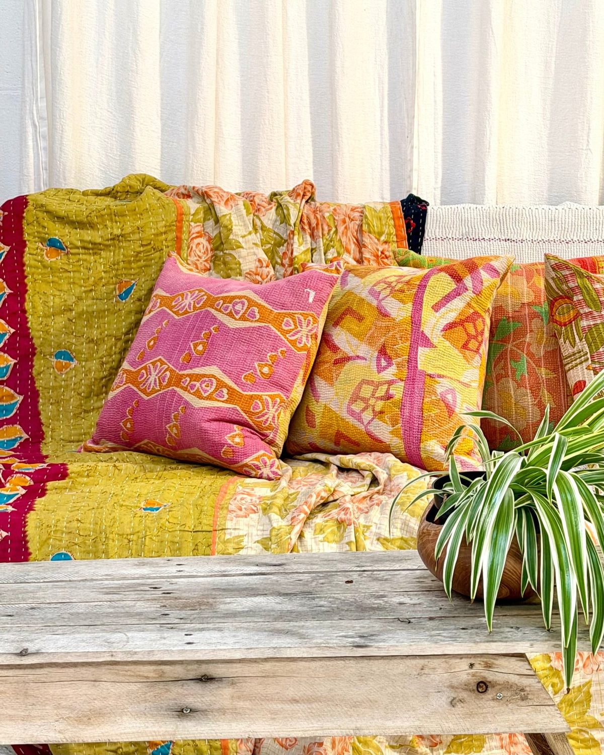 Handmade Reversible Vintage Kantha Cushion Cover In Pink and Yellow - 45cm (18") - Biggs & Hill