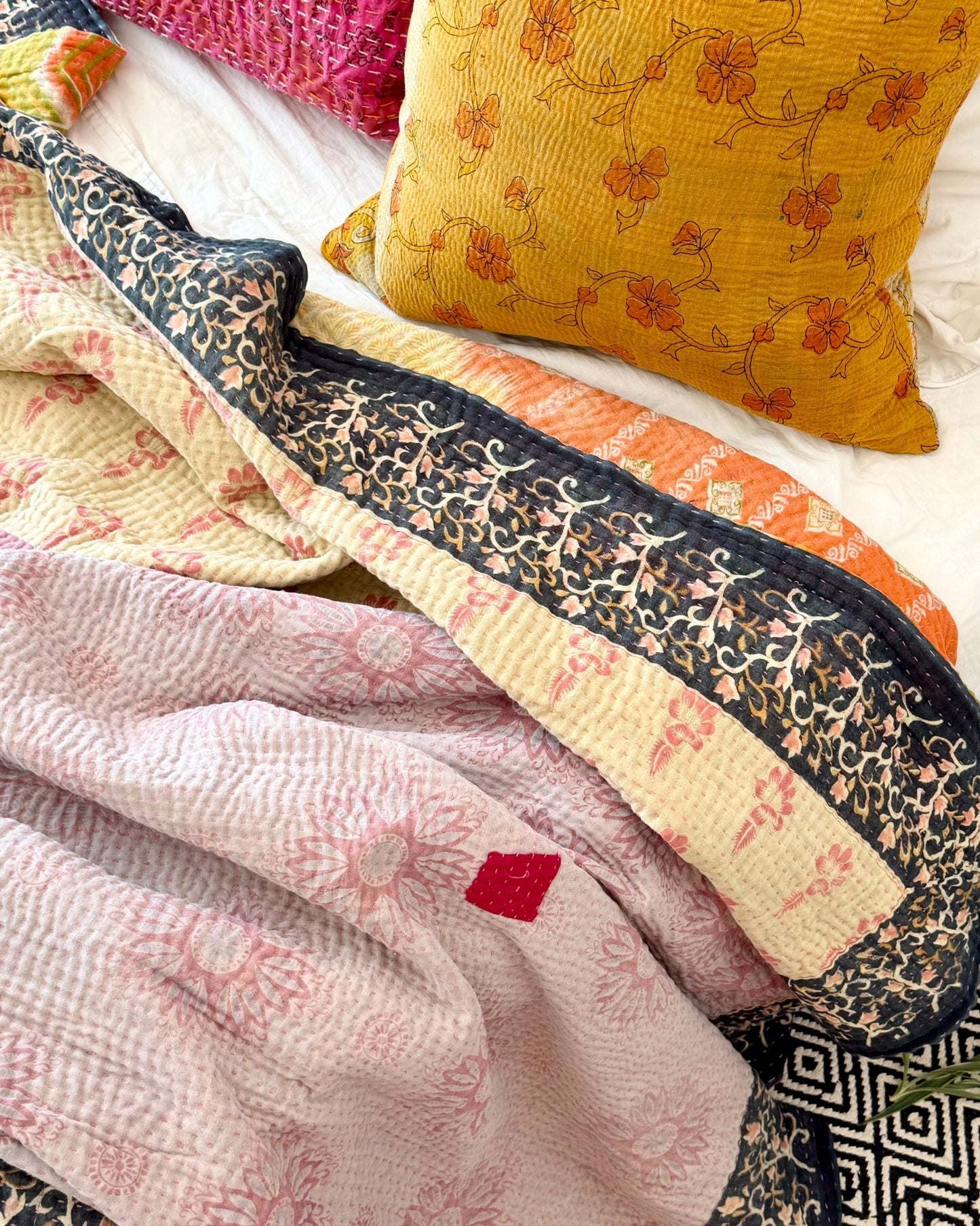 Large Fine Stitched Vintage Kantha Quilt in Orange, Green, Lilac and Yellow - Biggs & Hill