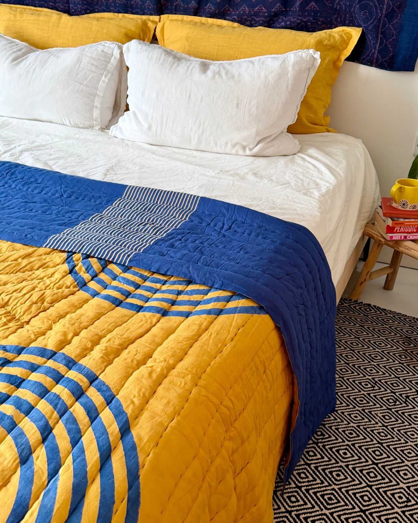 Quilted Kantha In Blue and Yellow With Geometric Patterns - SUPER KING - Biggs & Hill