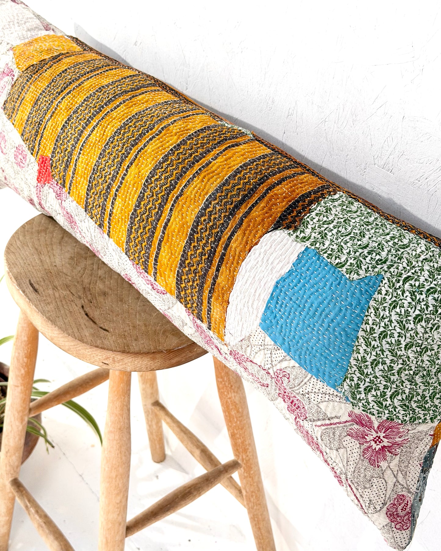 Vintage Kantha Bolster Cushion Cover In Patchwork Orange, Blue and White - 100cm