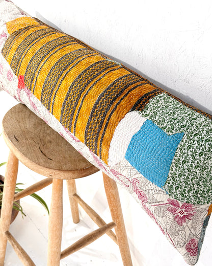 Vintage Kantha Bolster Cushion Cover In Patchwork Orange, Blue and White - 100cm