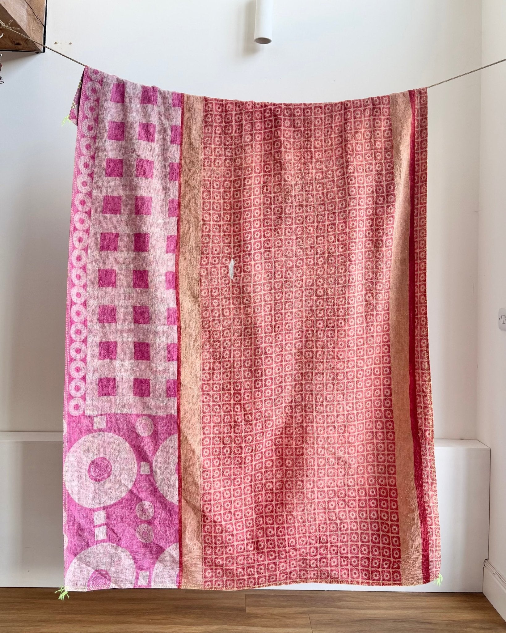 Large Fine Stitched Vintage Kantha Quilt With Pink Squares - Biggs & Hill