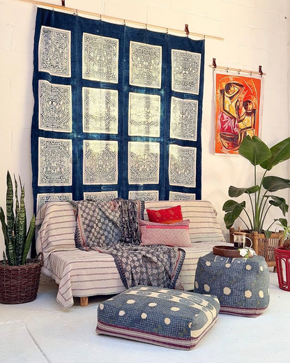 Vintage Chinese Blue Jiaxie Wedding Quilt Face – Drama Pattern