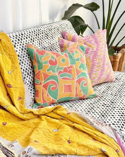 Handmade Vintage Kantha Cushion Cover In Green and Yellow - 45cm (18") Square - Biggs & Hill