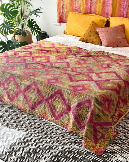 Large Textured Vintage Kantha Quilt in Geometric Pink and yellow - Biggs & Hill