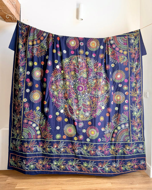 Embroidered Handmade Revival Nakshi Kantha Bedcover in Deep Blue - Biggs & Hill