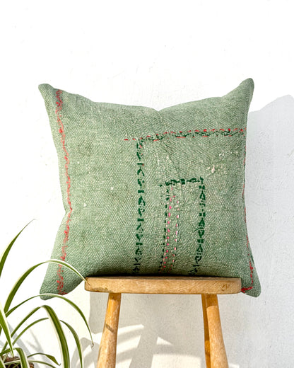 Vintage Kantha Cushion Cover In Soft Green With Orange Embroidery - 50cm Square