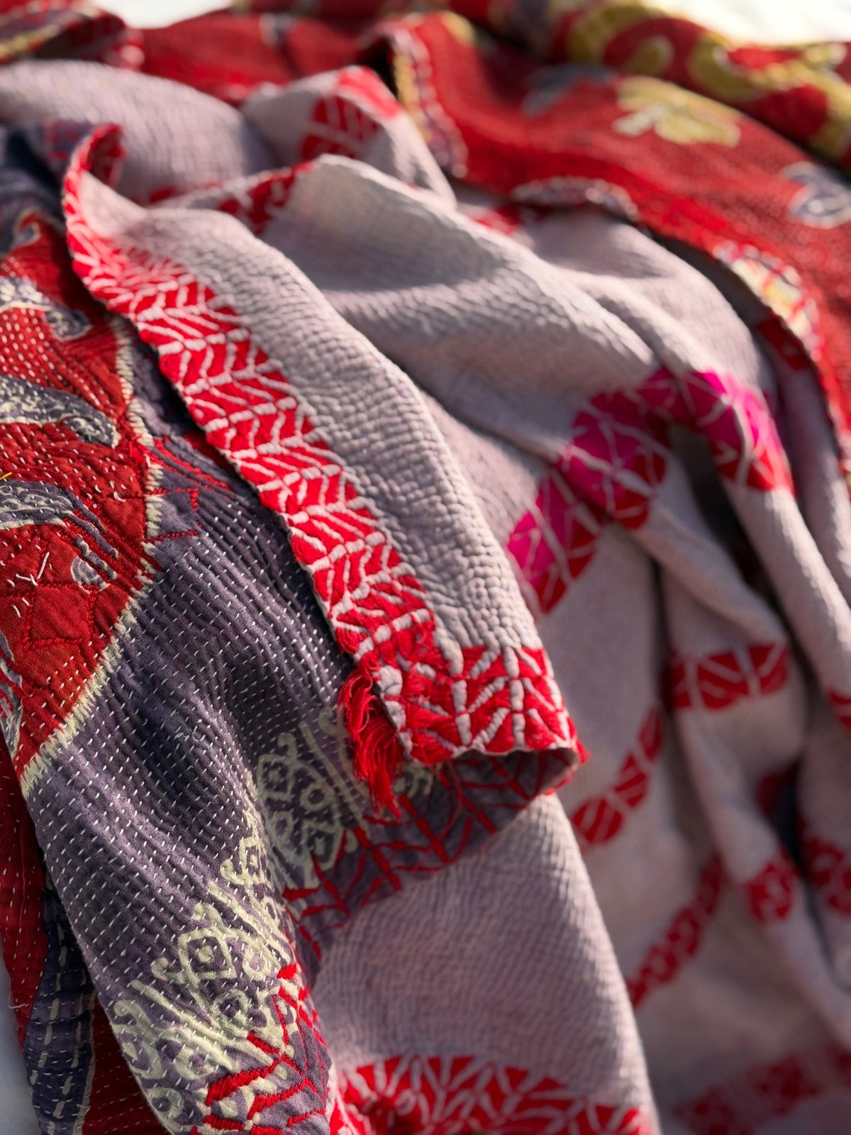 Embroidered Vintage Kantha Quilt in Red and Lilac - Biggs & Hill