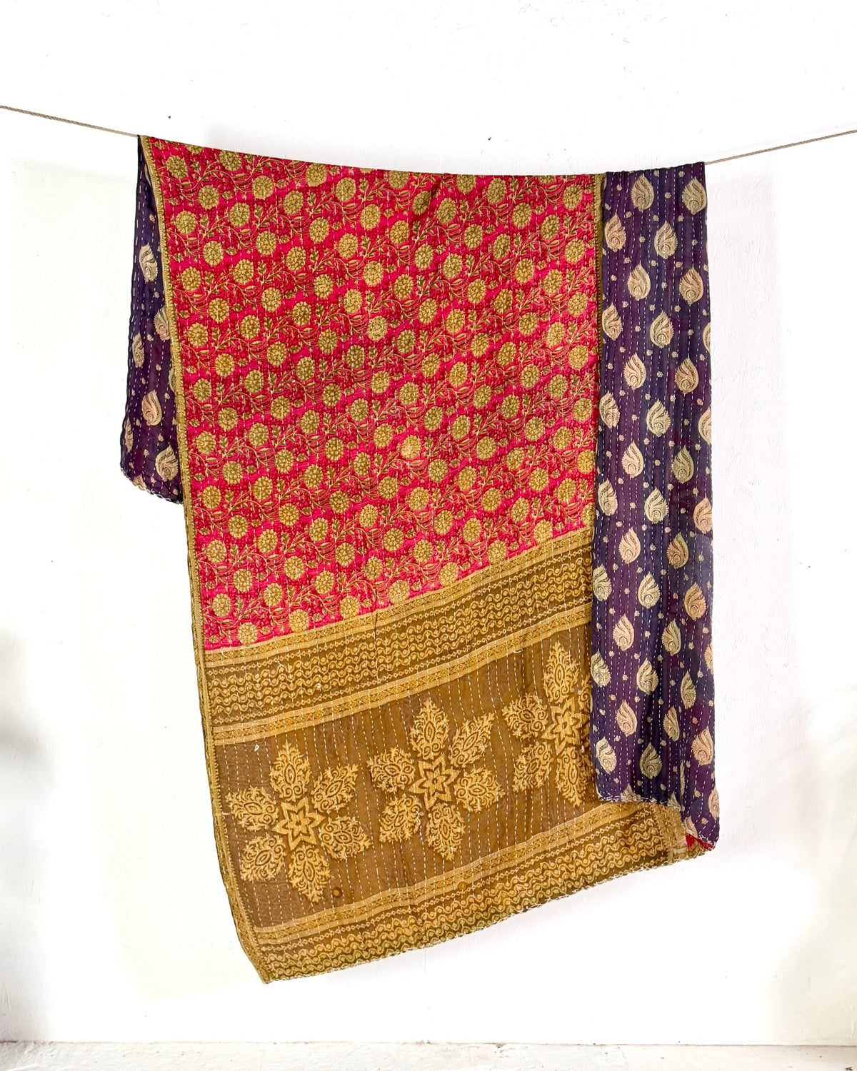Vintage Cotton Kantha Quilt In Pink and Purple 12 - Biggs & Hill