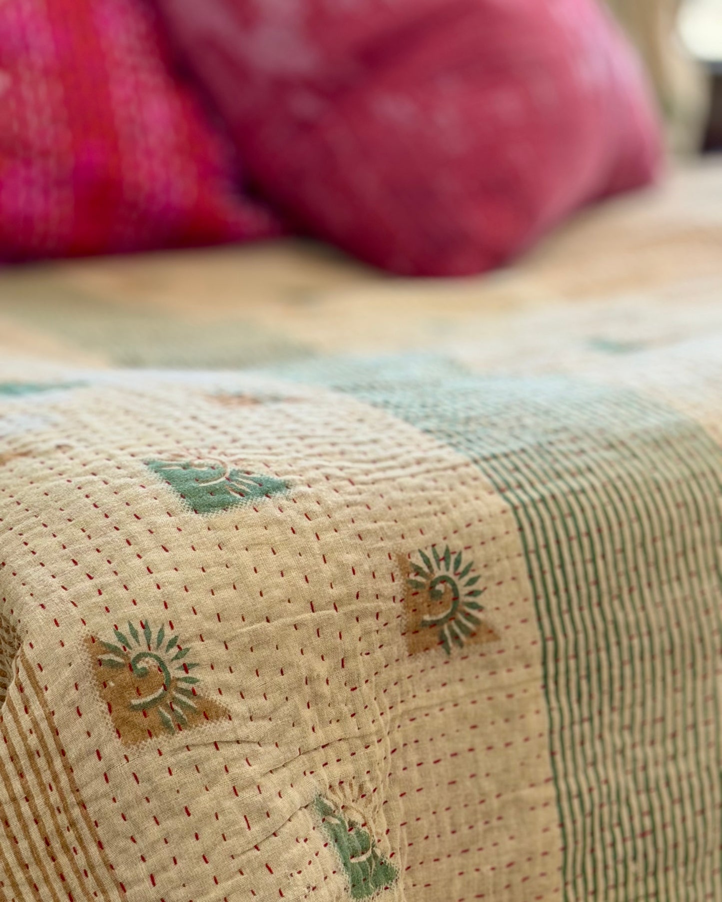 Fine Stitched Vintage Kantha Quilt in Super Soft Pink and Olive Green