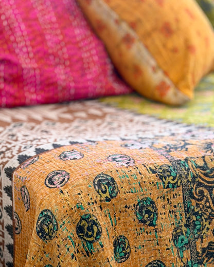 Extra Large Fine Stitched Vintage Kantha Quilt in Vibrant Green and Blue