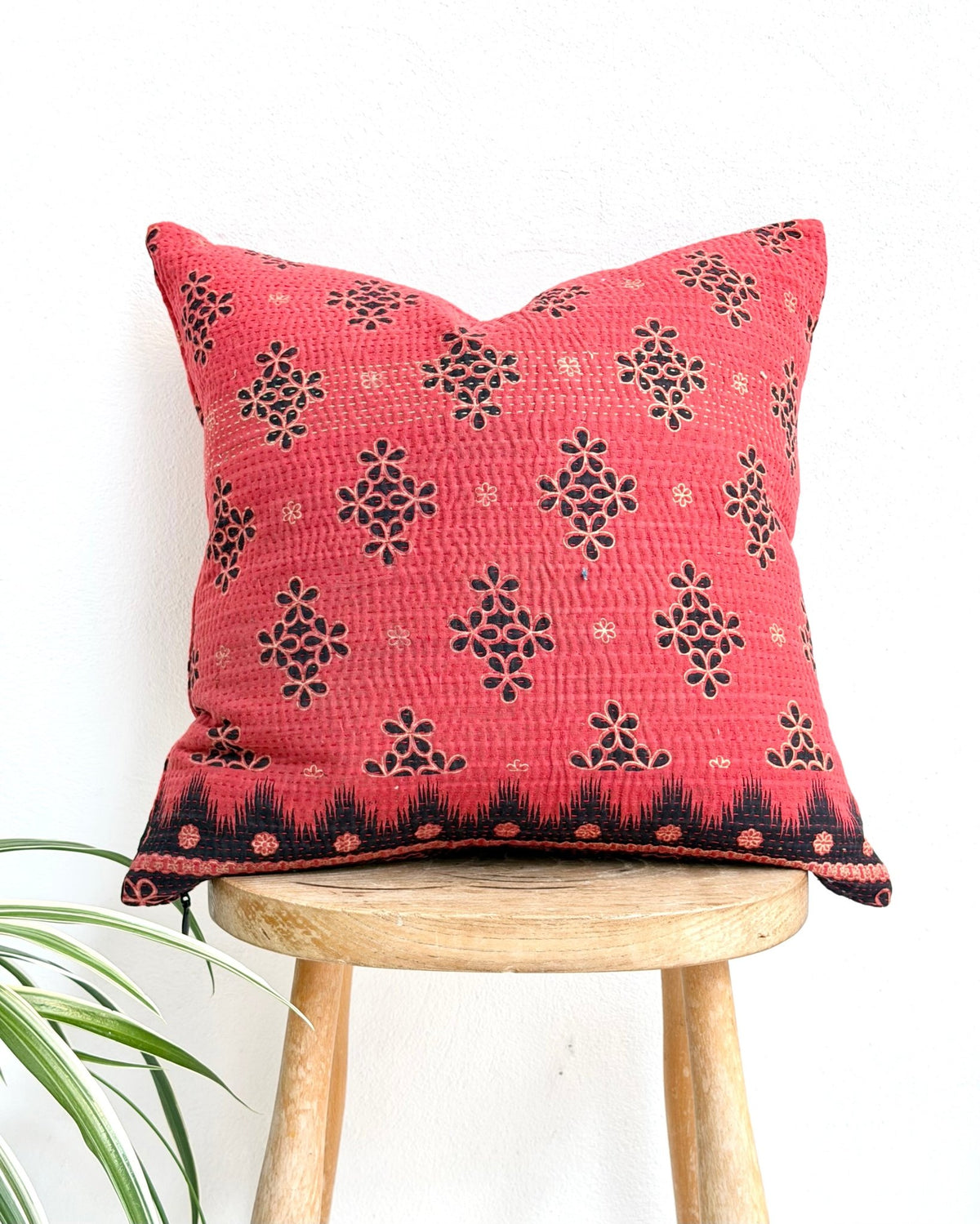 Handmade Reversible Vintage Kantha Cushion Cover In Red and Black - 45cm (18") - Biggs & Hill
