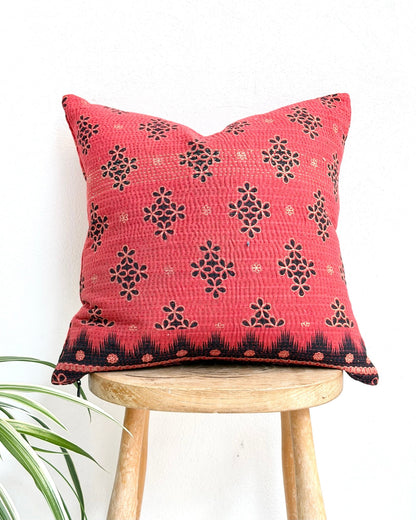 Handmade Reversible Vintage Kantha Cushion Cover In Red and Black - 45cm (18") - Biggs & Hill
