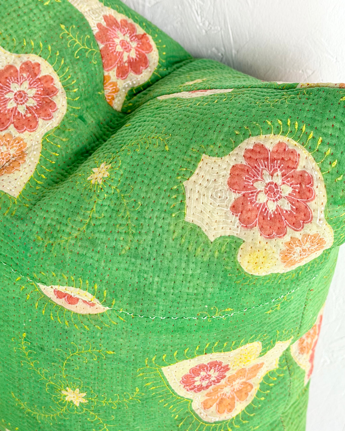 Handmade Vintage Kantha Cushion Cover In Green Floral - 45cm (18") Square