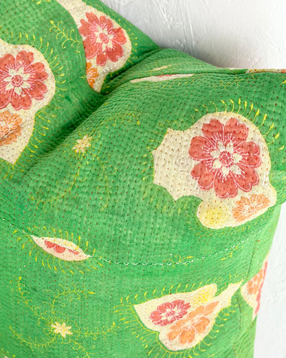 Handmade Vintage Kantha Cushion Cover In Green Floral - 45cm (18") Square